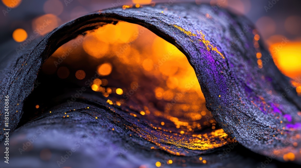 Poster abstract wave of dark metallic texture with neon orange bokeh sparkles