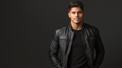 Obraz premium Studio portrait of a young confident latino man posing with his hands in his pockets, wearing a black leather jacket on a dark background