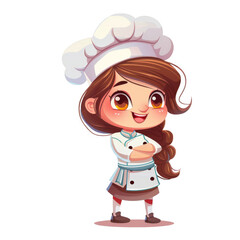 A cute cartoon girl wearing a chef hat and a chef's uniform with her arms crossed.