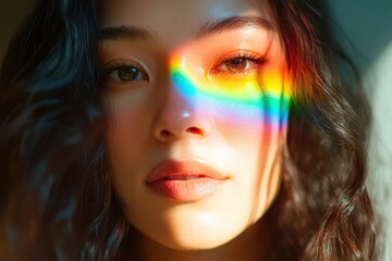 Naklejka premium Close-up portrait of a woman with a rainbow light reflection on her face, symbolizing diversity, inclusion, and LGBTQ+ pride.