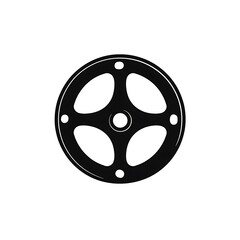 A black wheel with four spokes and a central hole.