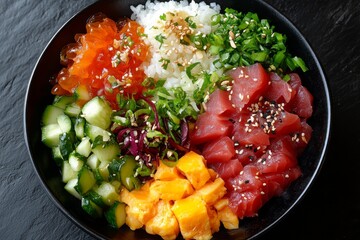 Healthy poke bowl with fresh vegetables and colorful ingredients