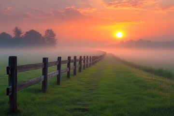 Obraz premium Fence leading to a misty sunrise in a rural field