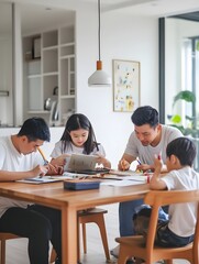 A photo of parents helping their kids with homework at the dining table. 