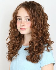 Obraz premium Beautiful Young Girl with Curly Brown Hair and Freckles Smiling