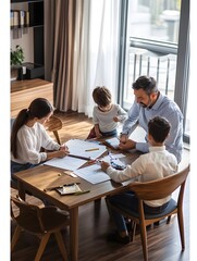 Fototapeta premium A photo of parents helping their kids with homework at the dining table. 