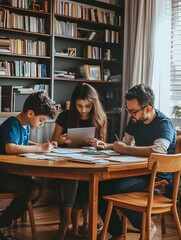 A photo of parents helping their kids with homework at the dining table. 