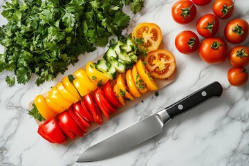Colorful vegetable skewer on a wooden board with fresh herbs