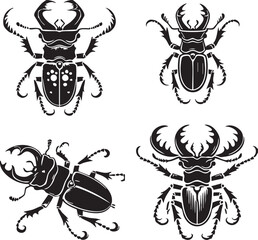 Elegant Silhouettes of the Emerald Stag Beetle Isolated on a White Background in Monochrome Art Style