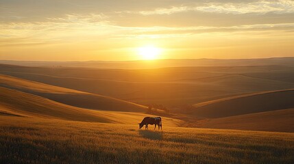 Fototapeta premium A serene sunset landscape with a grazing cow in a lush, rolling field.