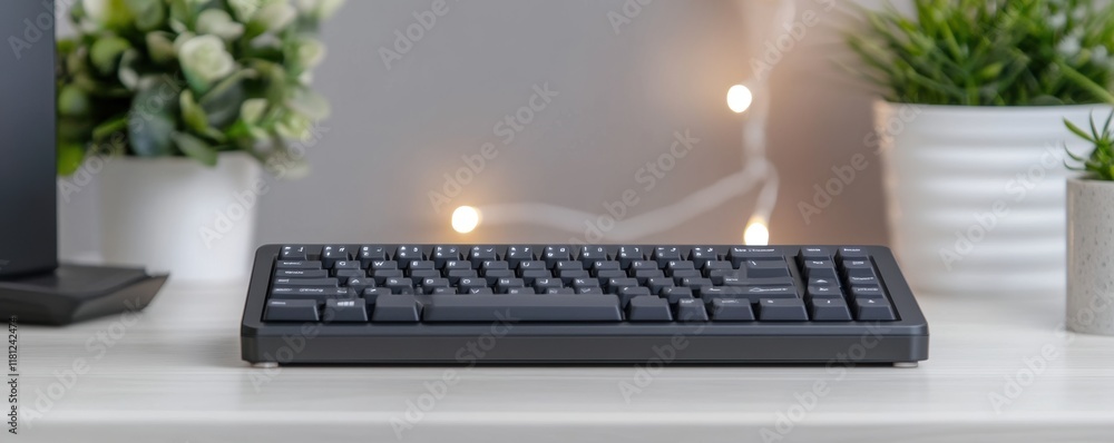 Poster black mechanical keyboard on minimalist desk with plants and string lights