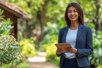 Fototapeta premium Successful young Asian business woman confidently holding a digital tablet in a vibrant city setting with greenery