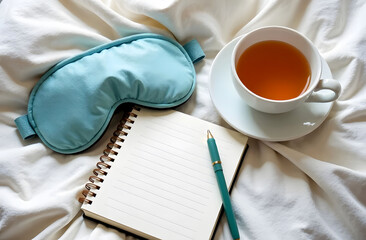 Relaxing Setup for World Sleep Day. A cozy setup featuring a sleep mask, a cup of tea, and a notebook on soft white bedding, perfect for World Sleep Day.