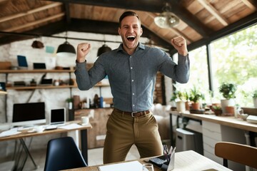 Businessman celebrates success in modern office with joyful jump and briefcase