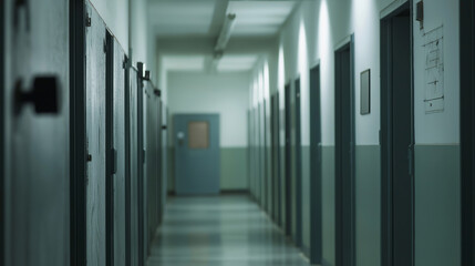 Harsh fluorescent light casting shadows across empty prison corridor, metal doors lining walls, surveillance cameras monitoring bleak institutional space