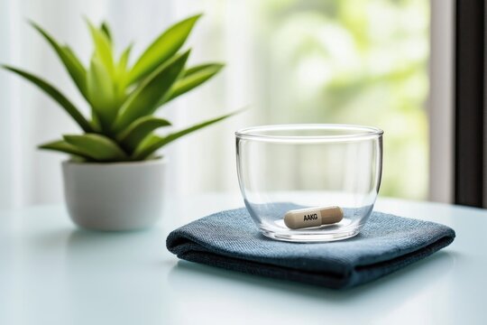 Alfa-cetoglutarato pill resting in a clear bowl on a textured napkin beside a small potted plant