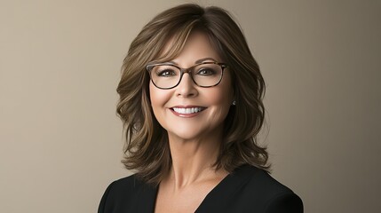 Fototapeta premium Professional woman with shoulder-length brown hair and glasses smiling on front page of online eye care store. Beige background, soft lighting, clean look, individuality