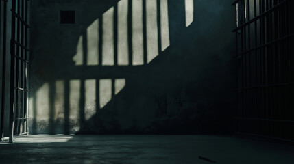Sunlight casting dramatic shadows through iron bars onto the concrete wall and floor of a dark prison cell
