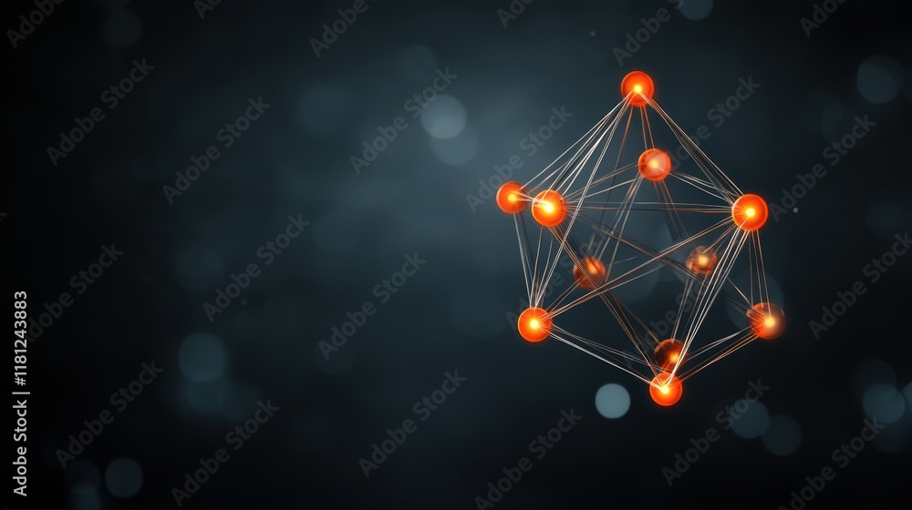 Poster glowing geometric structure with interconnected nodes on dark background