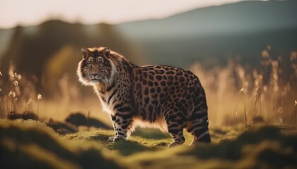 a tiger and leopard crossbreed is in the savanna