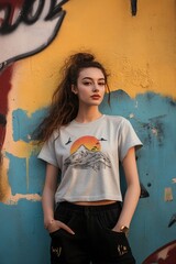 Young Woman Posing Against Colorful Graffiti Wall in Urban Setting