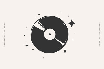 Hand-drawn illustration of a vinyl record with surrounding stars, symbolizing music in a cosmic setting. Simple, modern, and ideal for retro or music-themed designs.