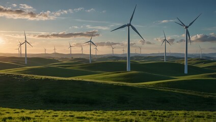 Obraz premium A wide shot of a field of wind turbines under a clear sky at dusk. The scene appears calm and serene.