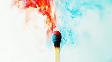 Captivating display of a burning match head with colorful smoke symbolizing inspiration and creative passion