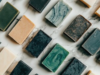 A collection of artisanal soaps arranged on a marble surface, showcasing various textures and colors in an aesthetically pleasing layout.