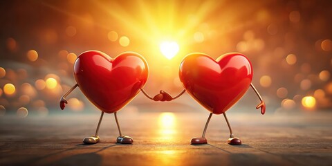 Two red hearts merged together, forming a single entity with intertwined arms and legs, surrounded by soft golden light, conveying a sense of unity and love , togetherness, warmth