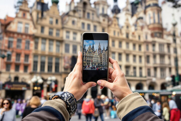 A tourist in a bustling city, using their smartphone to photograph historic buildings.