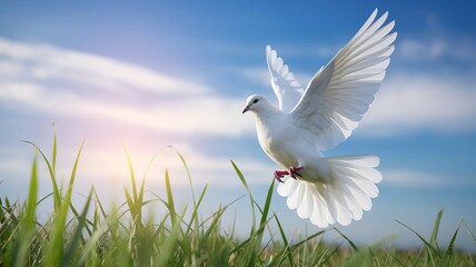 White doves flying in the blue sky and green grass background.