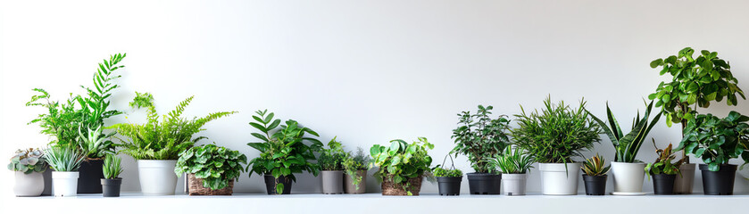 Obraz premium A vibrant array of indoor plants displayed on a shelf, showcasing lush greenery and unique textures, perfect for home decor.