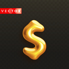 Glossy golden 3d dollar icon isolated on transparent dark background. Usd currency symbol. Sign of finance, investments and savings. Vector illustration