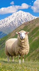 Fototapeta premium Majestic Sheep in Mountain Pasture Scenic View Sunny Day