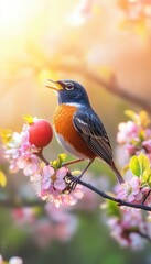 Fototapeta premium A vibrant bird perched on a flowering branch, singing amidst a soft, glowing background.