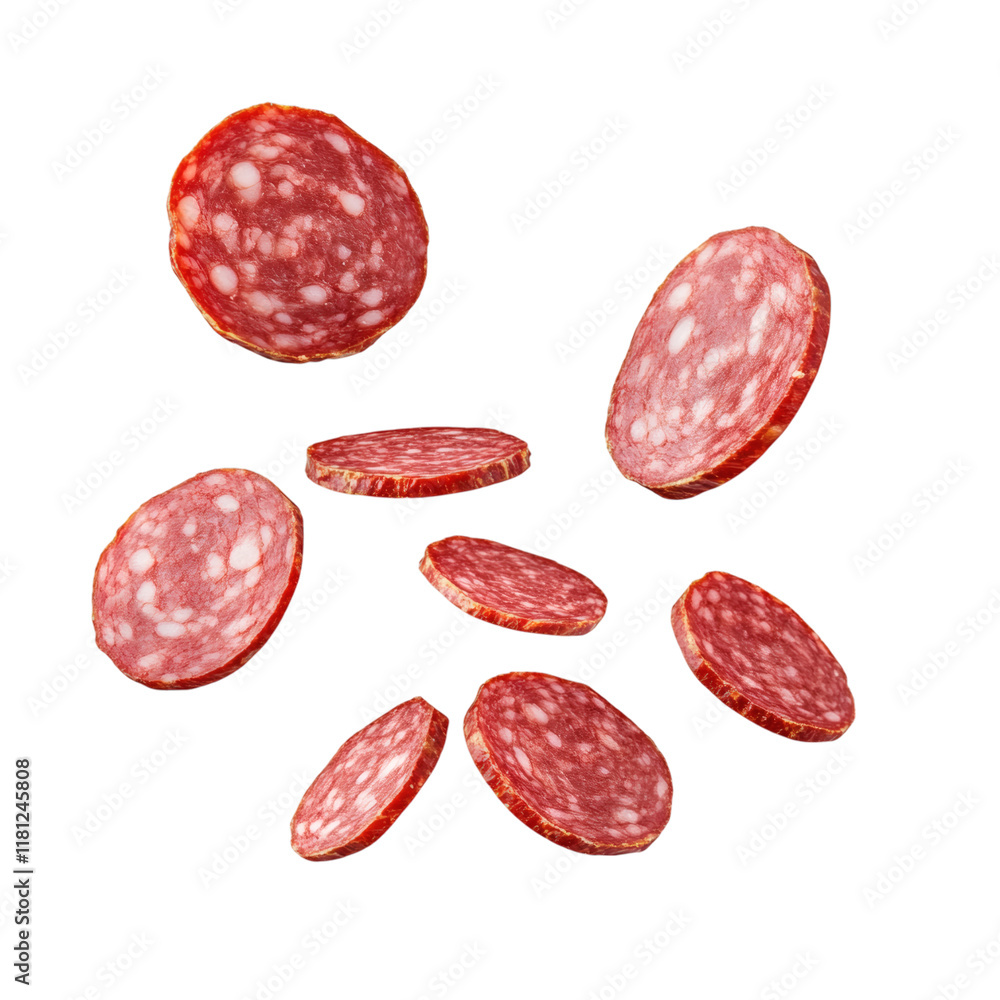 Poster slices of salami floating isolated on white transparent background
