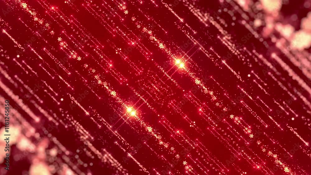 Poster animated red christmas background with diagonal glitter particles and bokeh