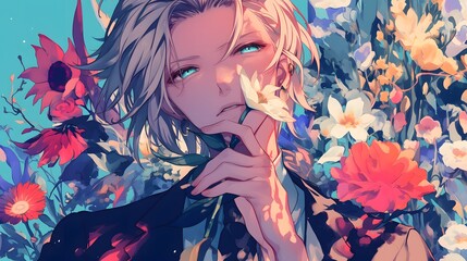 Handsome anime young man placing a flower in his mouth with a lush flower garden behind him