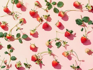 A cluster of fresh strawberries arranged on a pastel pink background, with small green leaves and subtle shadows for a clean, modern design