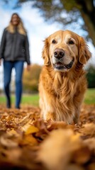 Obraz premium A golden retriever walks through autumn leaves with a person in the background.