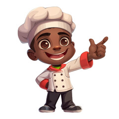 Obraz premium A cartoon chef wearing a white chef hat and a white chef coat with red trim is pointing to the right.