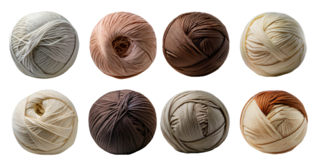 Assorted yarn balls in different colors and materials isolated on transparent background