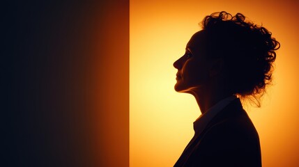 Silhouette of a female facing light in thoughtful profile with warm orange glow