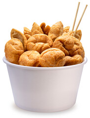 Deep fried fish balls in paper bucket isolated on white background, Deep fried fish balls with spicy sauce on white With work path.