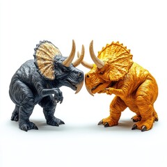 Fototapeta premium Two colorful dinosaur figures, one black and one orange, facing each other in a playful stance.
