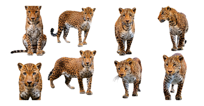 Various poses of a leopard including standing walking and sitting isolated on transparent background