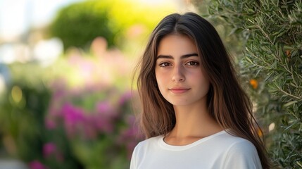 Naklejka premium Minimalist portrait of a 19-year-old woman, head to hip, simple composition, natural beauty, elegant pose, clean background, stylish dress, youthful appearance, art photography.