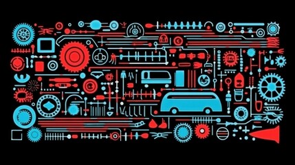 Abstract Machinery Collage: A vibrant blend of red and blue mechanical elements on a black backdrop, forming a complex and captivating composition.