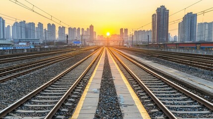 Naklejka premium Golden Hour Railway: Urban Tracks at Sunset
